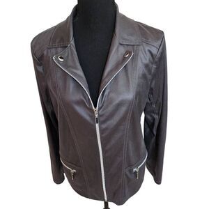 Allison Daley Womens Full Zip Faux Leather Moto Jacket Charcoal Gray Small